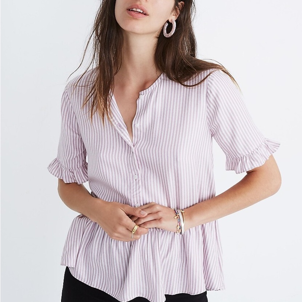 (A53) Madewell Studio Ruffle Hem Lavender Stripe Top Women's, Size Medium - Picture 2 of 11